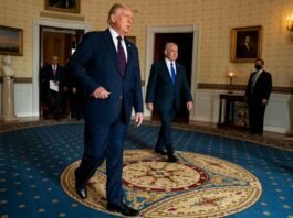President Donald Trump and Prime Minister Benjamin Netanyahu of Israel, prepare to walk out onto a balcony at the White House in Washington