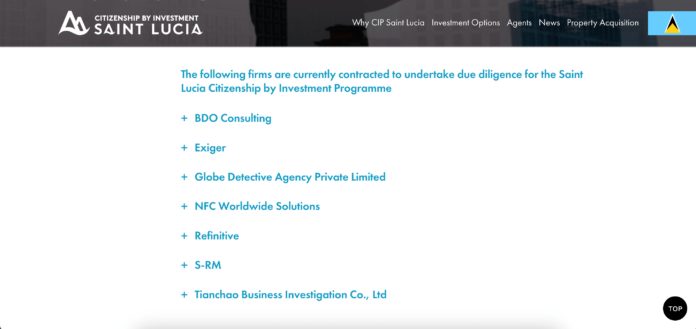 Globe Detective Agency being official due diligence firm of St Lucia CIP programme. Screenshot of official website.