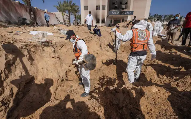 Evidence indicates alleged mass grave claims at Nasser Hospital are false. Bodies had been previously buried by Palestinians during conflict, not by Israeli forces