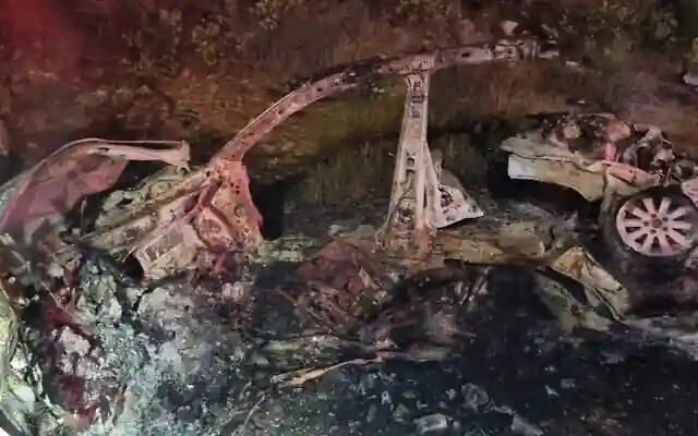 The remains of a car bomb that exploded in the West Bank settlement of Karmei Tzur, early August 31, 2024 (Courtesy)