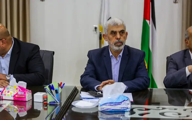 Yahya Sinwar, leader of the Hamas terror group, hosts a meeting with members of Palestinian factions, at the Hamas president's office in Gaza City, on April 13, 2022. (Attia Muhammed/Flash90) Yahya Sinwar, leader of the Hamas terror group, hosts a meeting with members of Palestinian factions, at the Hamas president's office in Gaza City, on April 13, 2022. (Attia Muhammed/Flash90)