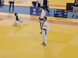 Alkatabi Ahmed, of the UAE, makes a throat-cutting hand gesture at the Israeli delegation, leading to his disqualification at the Jiu Jitsu World Championship, November 4, 2025, in Crete, Greece. (Screen capture via X, used in accordance with Clause 27a of the Copyright Law)