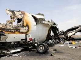 A view of a destroyed plane at Sanaa International Airport, in the aftermath of an Israeli airstrike, in Sanaa, Yemen, May 7, 2025. (photo credit: KHALED ABDULLAH/REUTERS)
