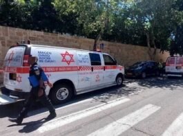 Police and paramedics respond to grenade blast scene in Herzliya, July 7, amid ongoing organized crime-related violence