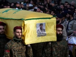 Members of Hezbollah attend the funeral of Radwan Force commander Wissam Tawil in Lebanon, January 2024
