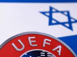 Israeli flag and UEFA logo are seen in this illustration taken September 30, 2025. (photo credit: REUTERS/DADO RUVIC/ILLUSTRATION)