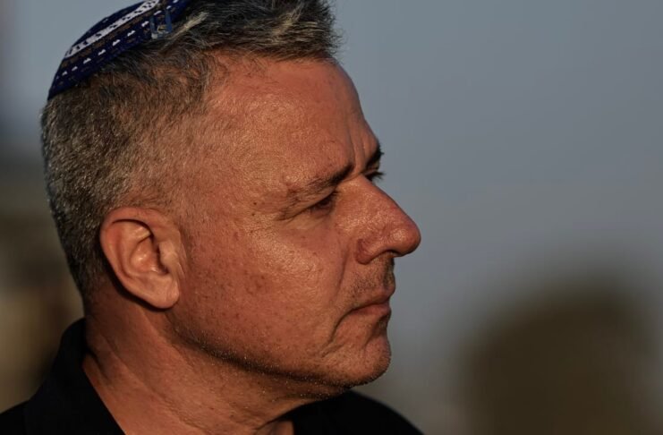 Ex-IDF Brig. Gen. Oren Solomon addresses media at the Nova Festival site on October 8, 2025, Israel