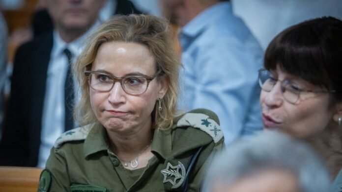 Family of Yifat Tomer-Yerushalmi outside Tel Aviv Magistrate’s Court, November 3, 2025. (Credit: Miriam Alster/Flash90)