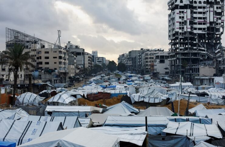A yellow border mark in Gaza City designates the Yellow Line under the ongoing ceasefire agreement